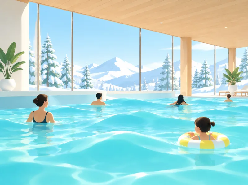 Illustration von Badegästen im Wellenbecken einer Halle mit großen Fenstern zu verschneiten Bergen