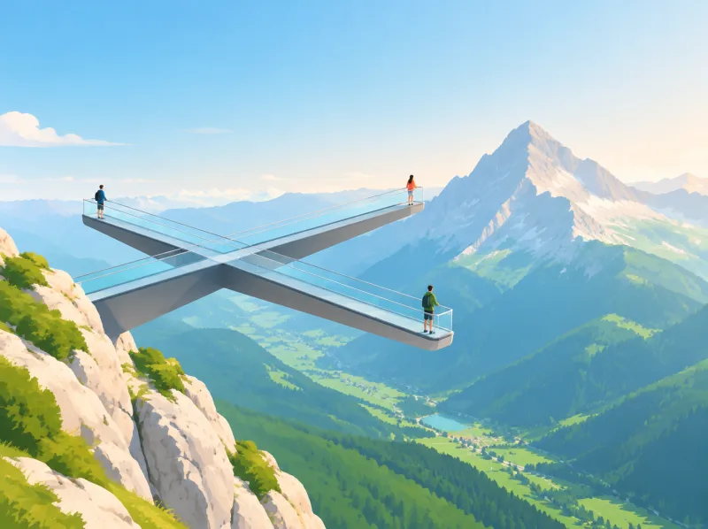 Illustration der AlpspiX: zwei Stahlstege kreuzen sich als X über einem tiefen Tal, dahinter die Alpspitze