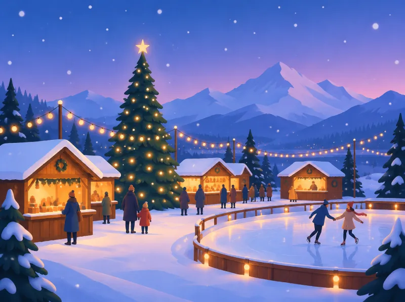 Illustration eines verschneiten Christkindlmarkts in der Dämmerung mit beleuchteten Hütten, großem Christbaum und Bergen