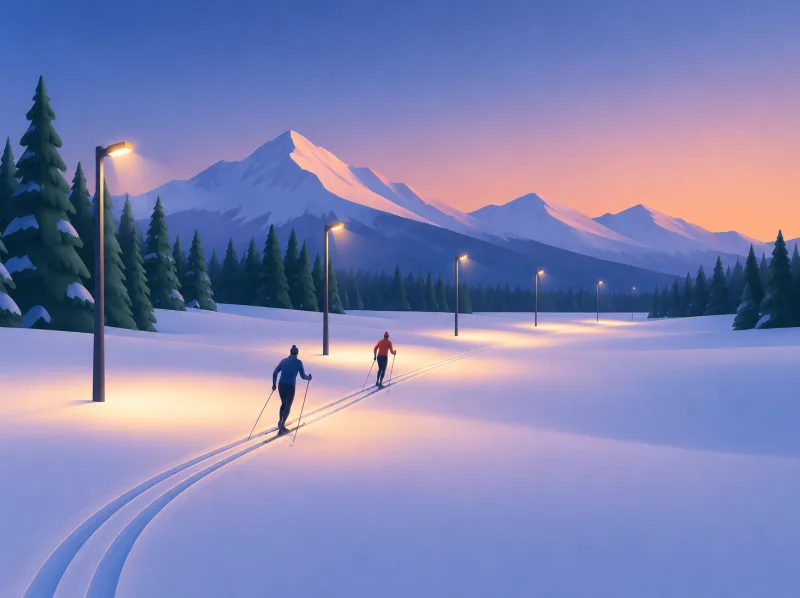 Illustration von zwei Langläufern auf beleuchteten Loipen in der Abenddämmerung vor verschneiten Gipfeln