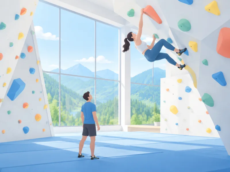 Illustration von Kletterern an bunten Boulderwänden in einer hellen Kletterhalle