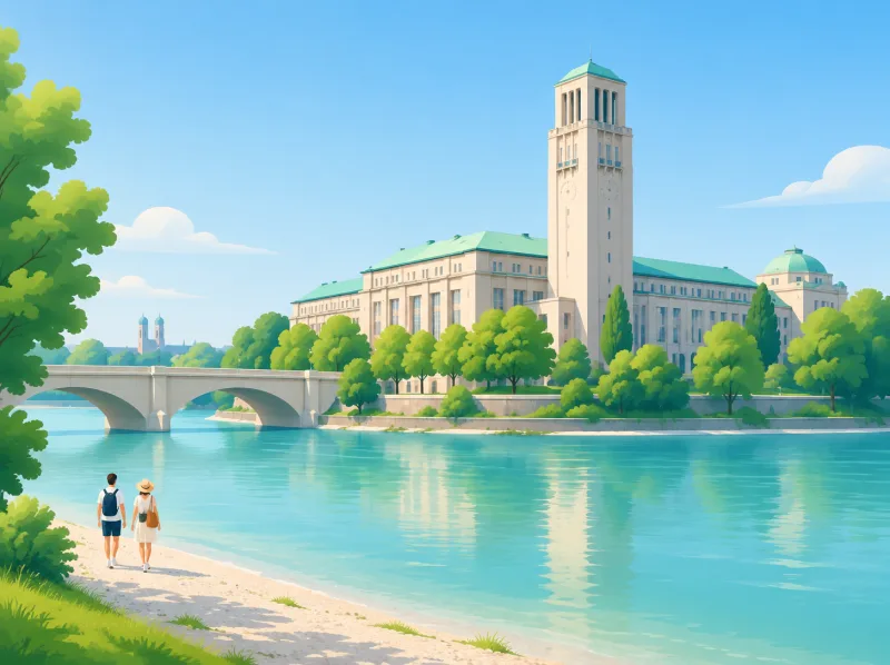 Illustration des Deutschen Museums mit seinem Turm an der Isar in München