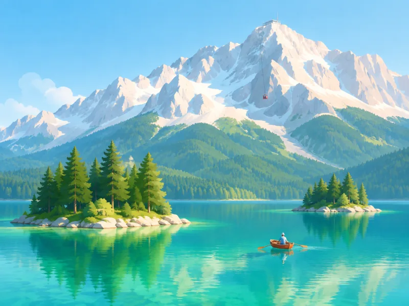 Illustration des Eibsees mit kleinen Inseln und Ruderboot unter dem Zugspitzmassiv