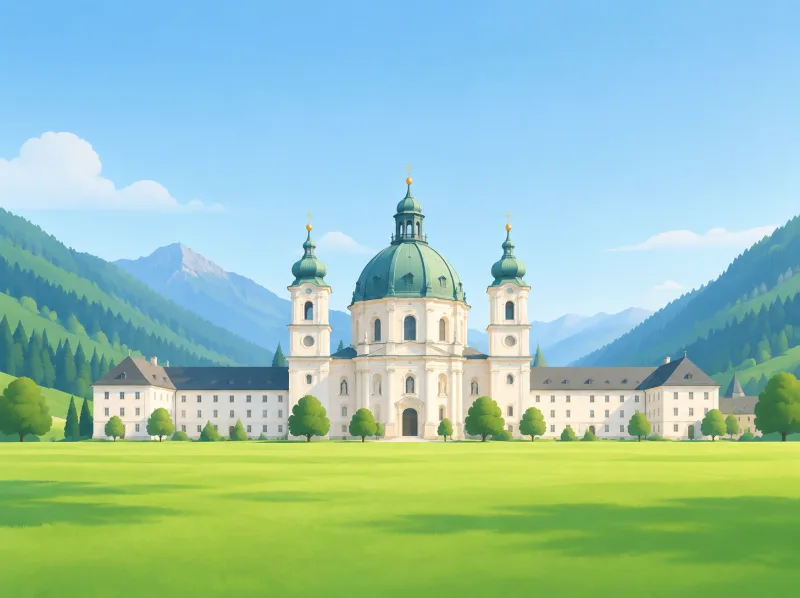 Illustration von Kloster Ettal mit seiner grünen Kuppel in einem weiten Wiesental