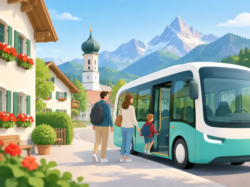 Illustration einer Familie, die in einen Ortsbus steigt, an einer Straße mit bemalten Häusern und Bergen