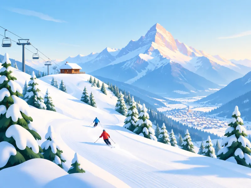Illustration von Skifahrern auf einer präparierten Piste mit Sessellift, darüber die Alpspitze, im Tal Garmisch-Partenkirchen
