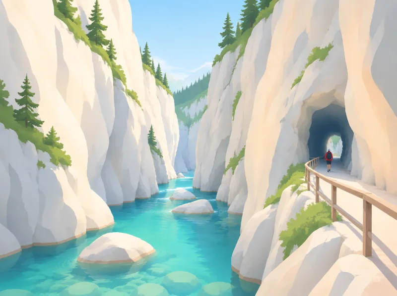 Illustration der Höllentalklamm: türkiser Bach zwischen steilen Felswänden und ein Steig durch einen Felstunnel