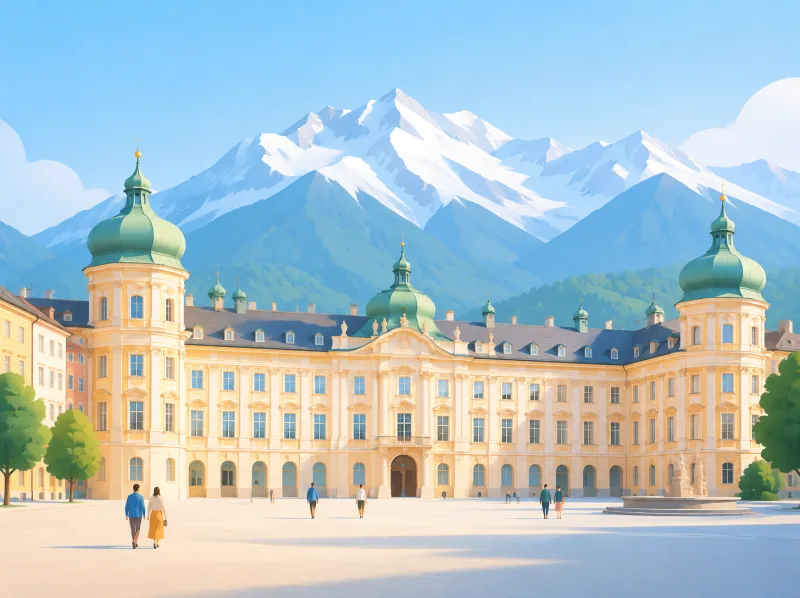 Illustration der Hofburg in Innsbruck mit grünen Kuppeln und Pferdekutsche, dahinter die Nordkette