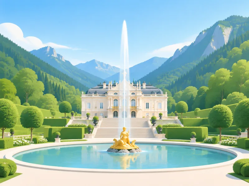 Illustration von Schloss Linderhof mit hoher Fontäne, vergoldeter Figur und Terrassengärten