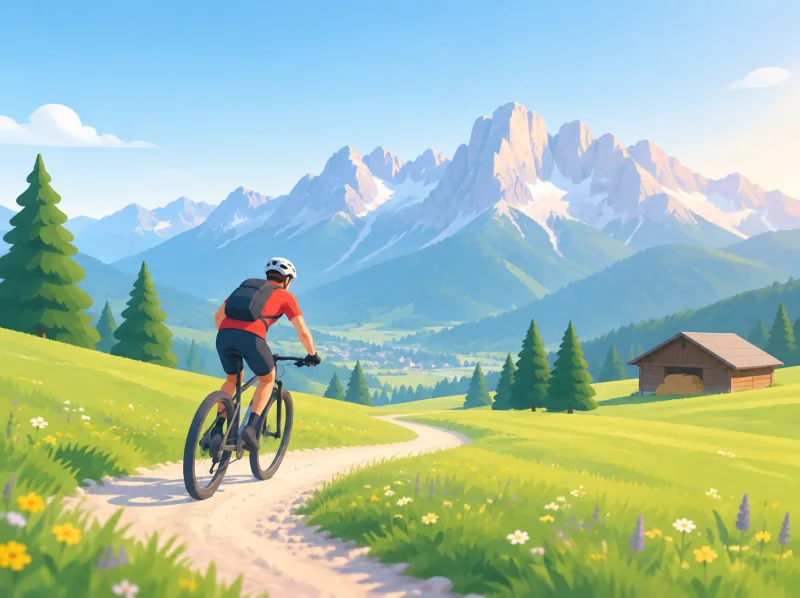 Illustration eines Mountainbikers auf einem Schotterweg durch eine blühende Almwiese unter schroffen Gipfeln