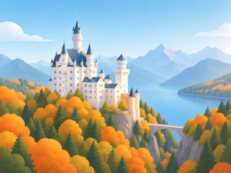 Illustration von Schloss Neuschwanstein über einem herbstlichen Wald, dahinter See und Berge