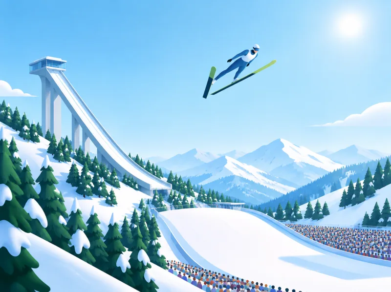 Illustration eines Skispringers im Flug über der Olympiaschanze und einem vollen Stadion
