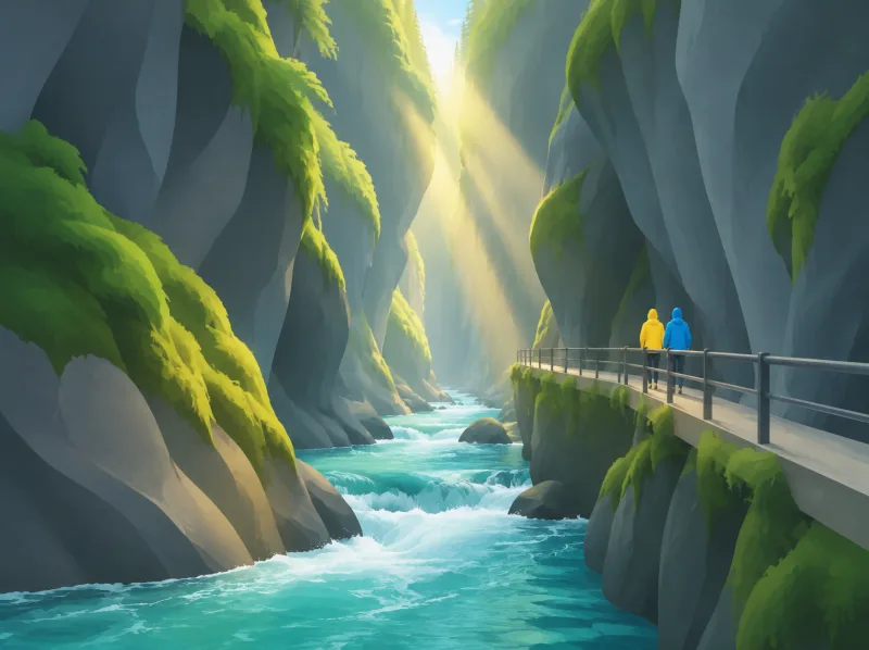 Illustration von Besuchern auf einem Steig in der engen Partnachklamm über einem tosenden türkisen Fluss