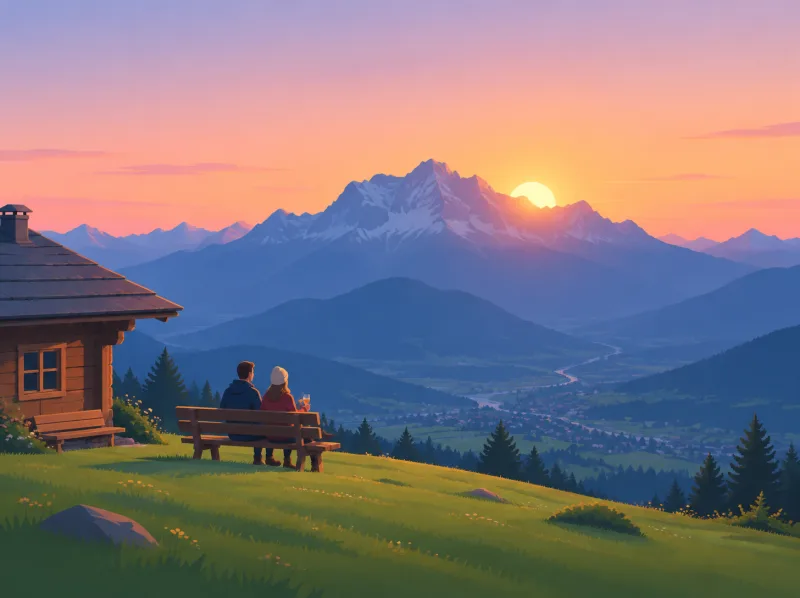 Illustration eines Paars auf einer Bank an einer Almhütte, die Sonne geht hinter der Zugspitze unter