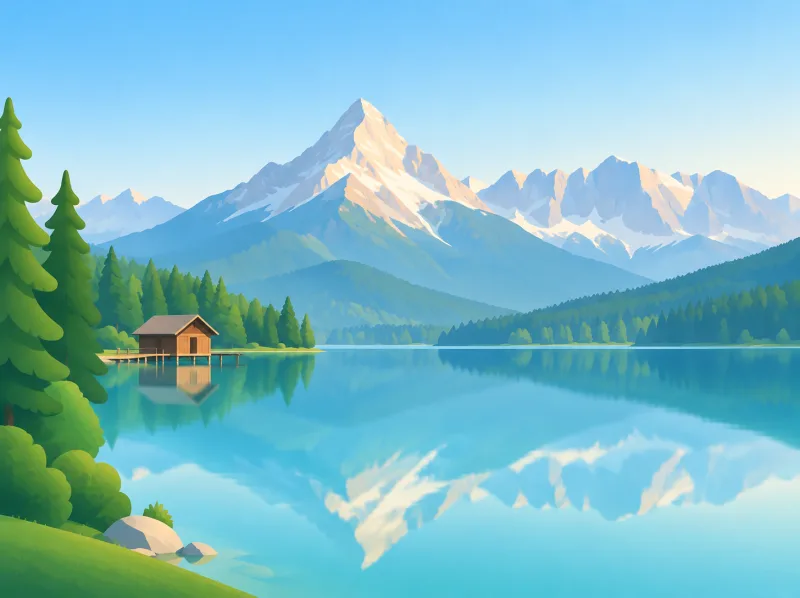 Illustration des Riessersees mit Bootshaus, die Wettersteingipfel spiegeln sich im stillen Wasser