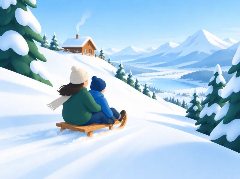 Illustration von zwei Rodlern auf einem Holzschlitten unterhalb einer verschneiten Berghütte, tief unten das Tal