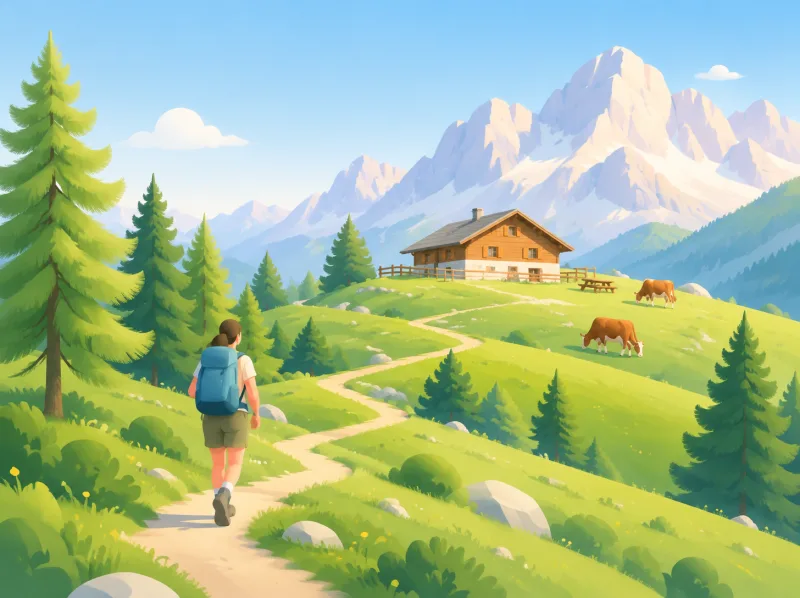 Illustration eines Wanderers auf einem steilen Weg zu einer Almhütte mit weidenden Kühen