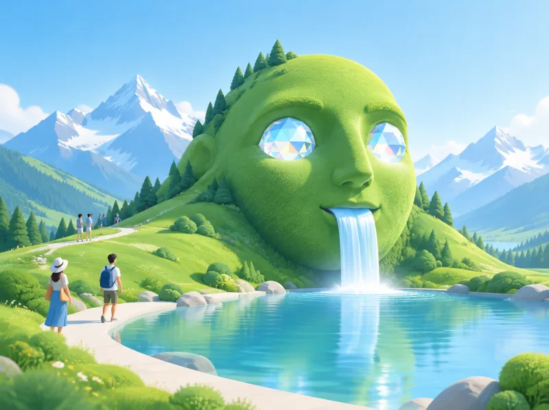 Illustration eines begrünten Riesenkopfs mit Kristallaugen und Wasserfall in einem Park in Tirol