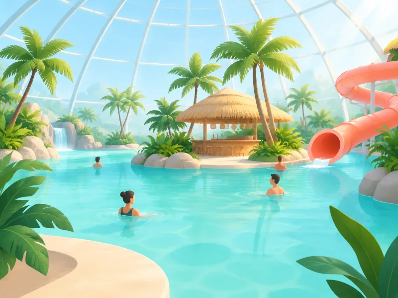 Illustration einer tropischen Therme unter einer Glaskuppel mit Palmen, Poolbar und Wasserrutschen