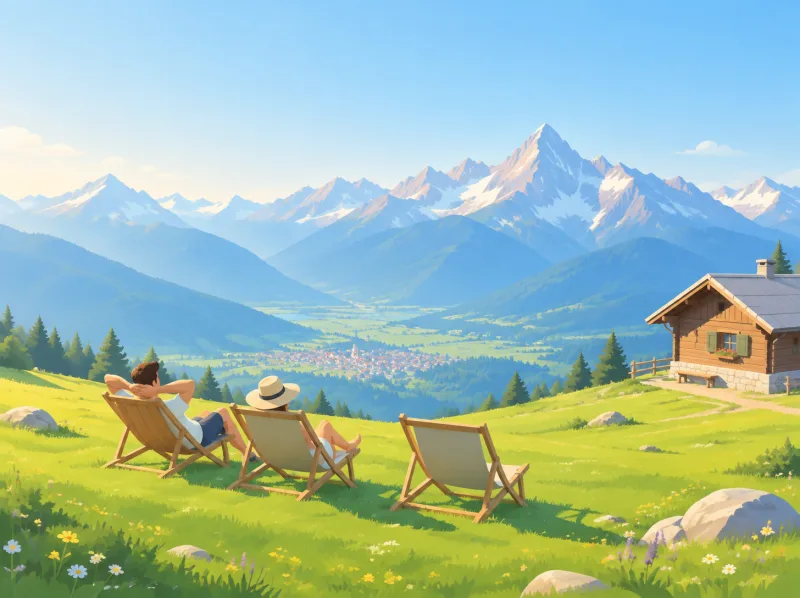 Illustration von Liegestühlen auf der Gipfelwiese des Wank mit Berghütte und Blick auf das Wettersteingebirge