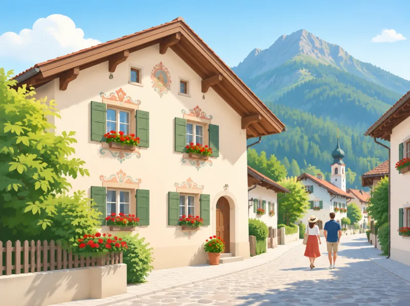 Illustration eines historischen bemalten Bürgerhauses an einer gepflasterten Straße in Partenkirchen