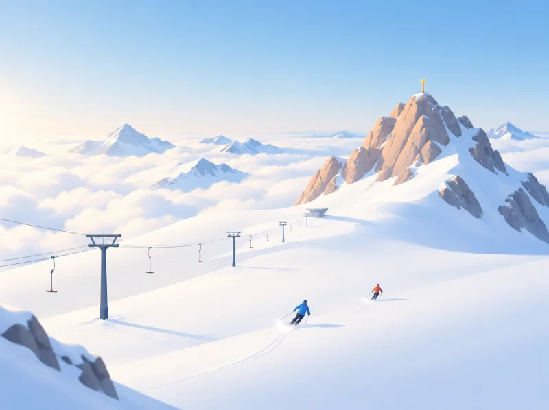 Illustration von Skifahrern auf dem sonnigen Zugspitzgletscher über einem Wolkenmeer, oben das Gipfelkreuz